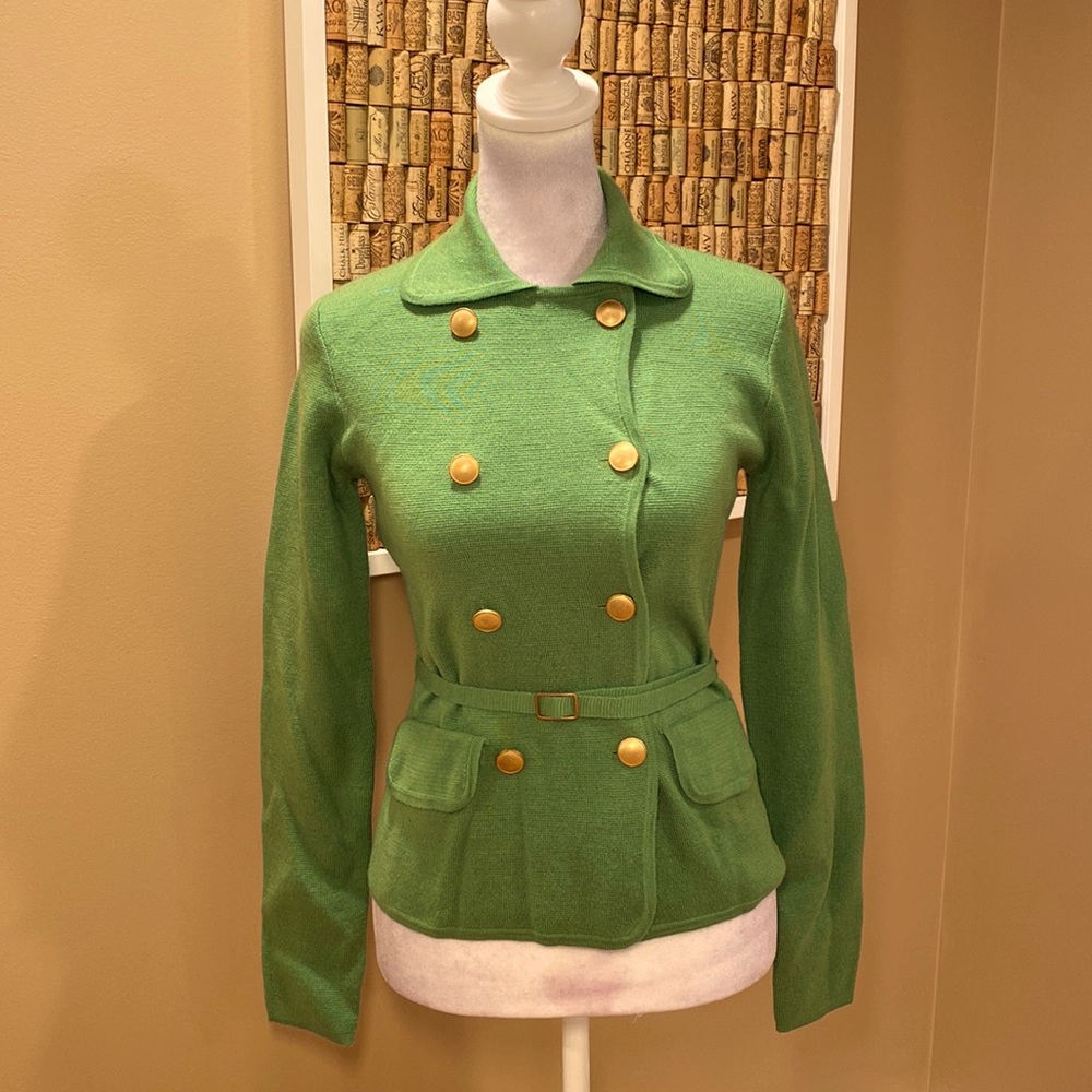 NWT.  J Crew 100% Merino Wool Green Double Breasted Sweater with Gold Buttons